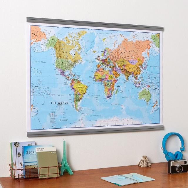 Medium World Wall Map Political - Single Picture Frame Print Ebern Designs Size: 122.5cm H x 197cm W x 0.5cm D, Format: Grey Framed on Productcaster.