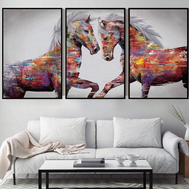 Graffiti Stallion - 3 Piece Picture Frame Graphic Art Print Set on Paper Clock Canvas Size: 70cm H x 150cm W x 3cm D, Frame Option: Black Framed on Productcaster.