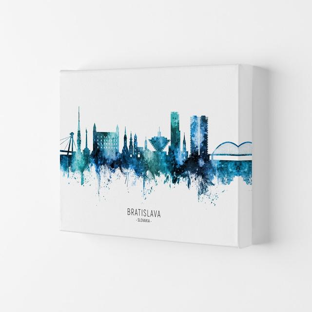 Bratislava Slovakia Skyline Blue City Name by Michael Tompsett - Print Ebern Designs Size: 42cm H x 59.4cm W x 4cm D, Format: Wrapped Canvas on Productcaster.