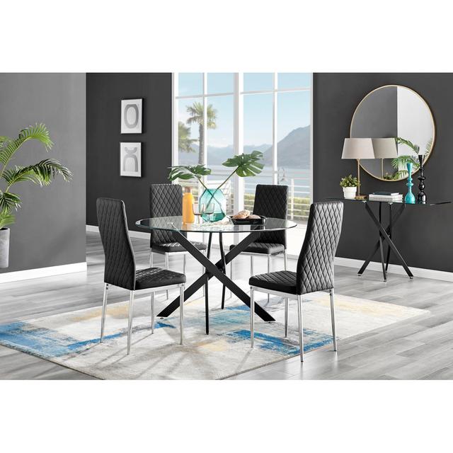 Tierra Modern Chrome Metal & Glass Round Dining Table Set with 4 Quilted Faux Leather Chairs Canora Grey Colour (Chair): Black/Silver on Productcaster.