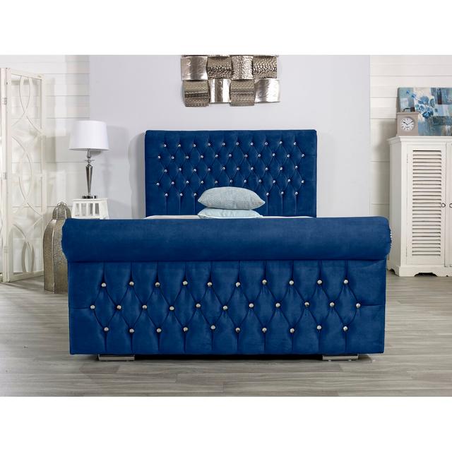 Herveline Upholstered Bed Frame Wayfair Sleep Colour: Blue, Size: Double (4'6) on Productcaster.