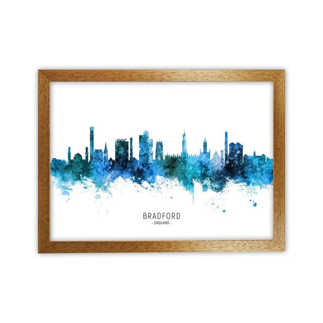 Bradford England Skyline Blue City Name by Michael Tompsett - Graphic Art Ebern Designs Size: 64cm H x 88cm W x 3cm D, Format: Oak Framed on Productcaster.