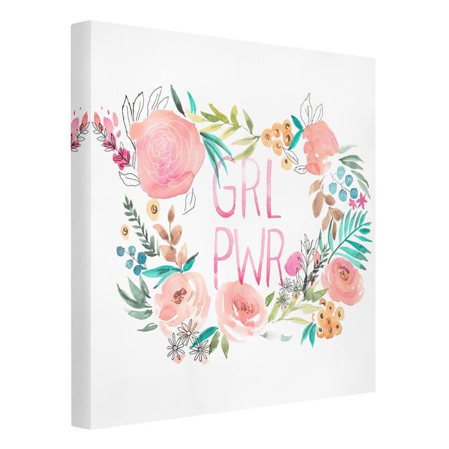 Pink Flowers - Girl Power - Wrapped Canvas Graphic Art Rosalind Wheeler Size: 50cm H x 50cm W, Format: 260g/m² canvas on Productcaster.