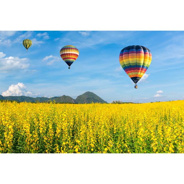 Hot Air Balloon over Flower Fields Against Sky - Wrapped Canvas Photograph Ebern Designs Size: 61cm H x 91cm W on Productcaster.