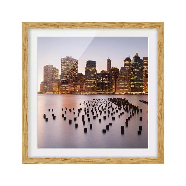 View of Manhatten Skyline Framed Photographic Art Print Poster East Urban Home Frame Options: Natural oak, Size: 50cm H x 50cm W on Productcaster.