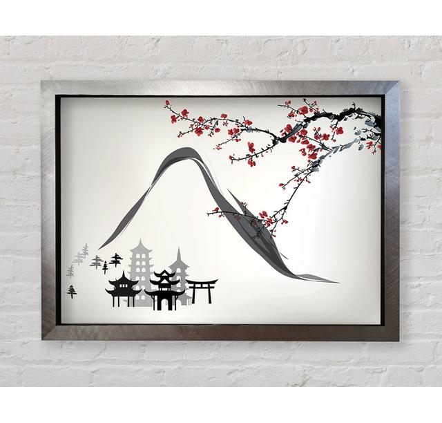 Mountains And Chinese Cherry Blossom - Print Ophelia & Co. Size: 100cm H x 141.4cm W x 3.4cm D, Format: Black Framed Paper on Productcaster.