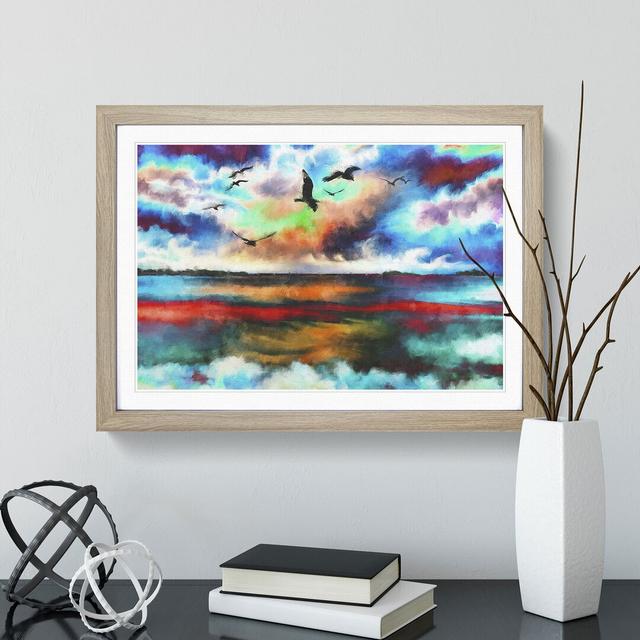 Birds over a Colourful Ocean - Picture Frame Painting East Urban Home Size: 27cm H x 36cm W x 2cm D, Frame Option: Oak Framed on Productcaster.