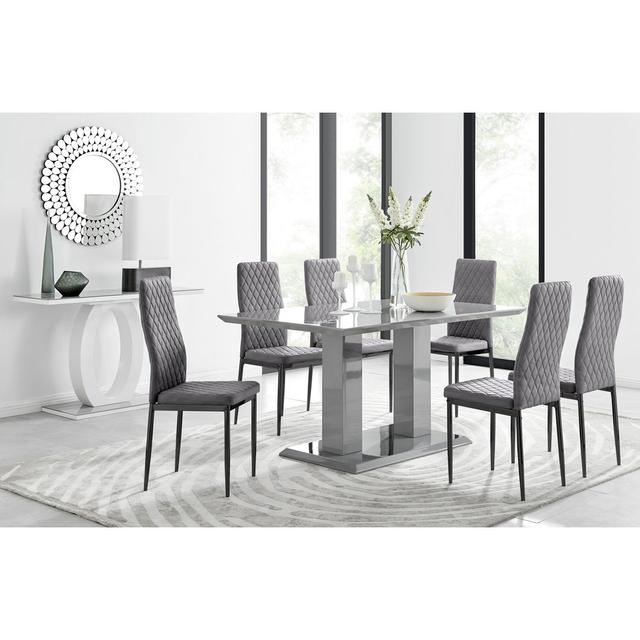 Edzard Double Pedestal High Gloss Dining Table Set with x6 Luxury Velvet Upholstered Dining Chairs Furniture Box Chair Colour: Grey/Black, Table Colou on Productcaster.