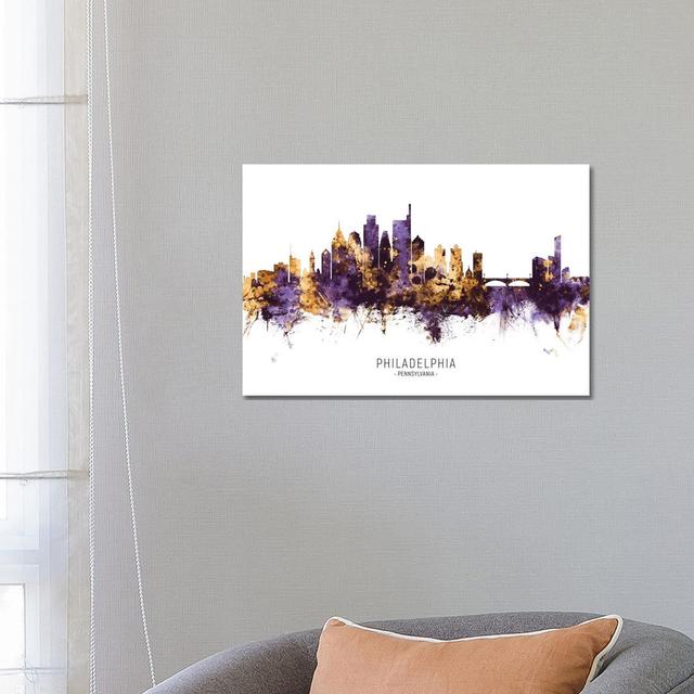 Philadelphia Skyline Purple Gold by Michael Tompsett - Wrapped Canvas Print Metro Lane Size: 45.72cm H x 66.04cm W x 3.81cm D on Productcaster.