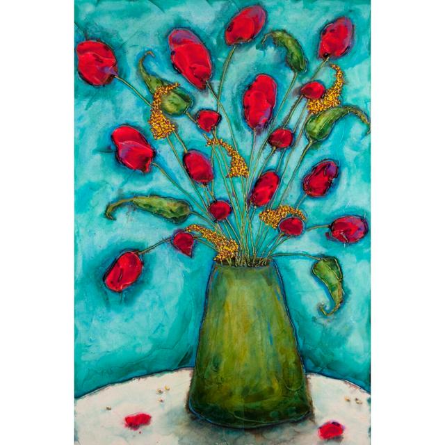 Flowers in Green Vase by Marabeth Quin - Wrapped Canvas Painting August Grove Size: 122cm H x 81cm W on Productcaster.