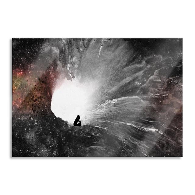 Ungerahmter Grafikdruck auf Glas "Woman Meditating in Front of a Hole in the Galaxy" Brayden Studio Größe: 40 cm H x 60 cm B x 0.4 cm T on Productcaster.