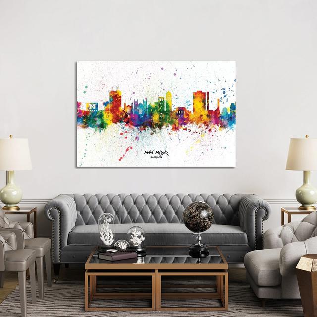 Ann Arbor Michigan Skyline Splash by Michael Tompsett - Wrapped Canvas Print Ophelia & Co. Size: 101.60cm H x 101.60cm W on Productcaster.