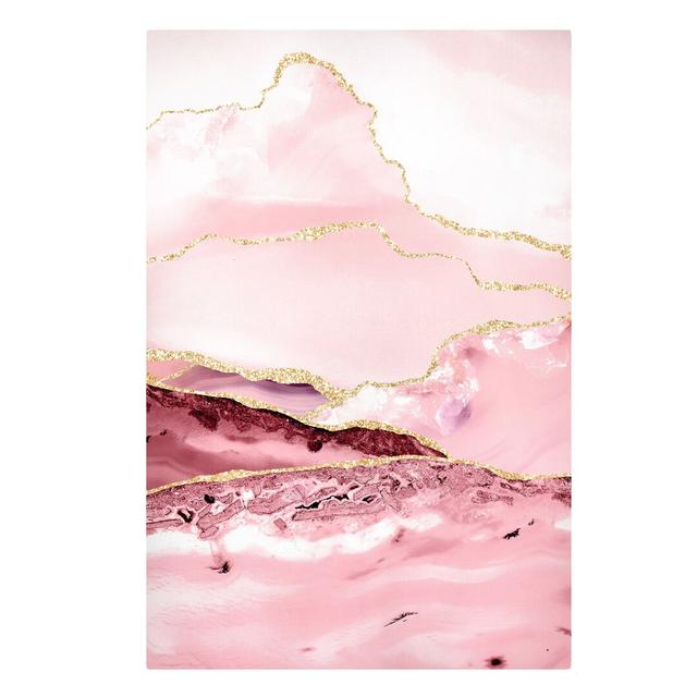 Abstract Mountains in Pink with Golden Lines Art Print on Canvas Canora Grey on Productcaster.