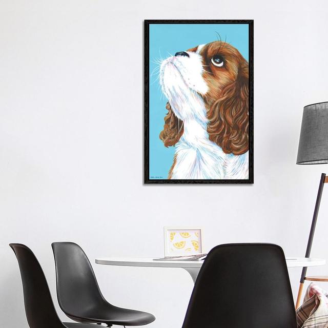 King Charles Cavalier On Aqua by Kirstin Wood - Painting on Canvas Latitude Run Size: 101.6cm H x 66.04cm W x 3.81cm D, Format: Black Framed Canvas on Productcaster.