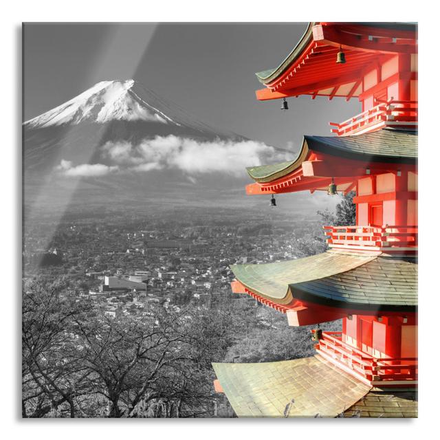 Temple In Front Of Mount Fuji - No Frame Print on Glass Union Rustic Size: 70cm H x 70cm W x 0.4cm D on Productcaster.