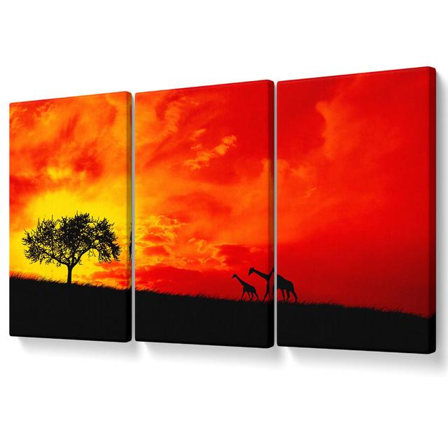 Safari Sunset - 3 Piece Wrapped Canvas Graphic Art Ebern Designs Size: 121.9cm H x 243.8cm W on Productcaster.