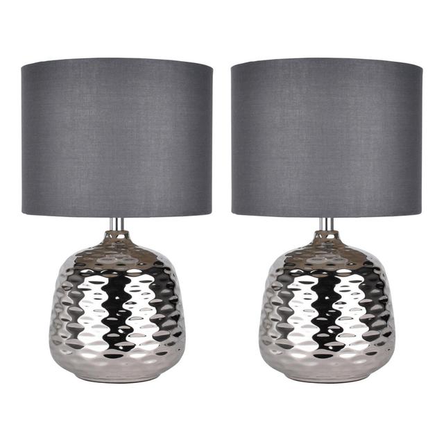 Set Of 2 Chrome Ceramic Dimple Table Lamps With White Shades (Set of 2) Ivy Bronx Shade Colour: Grey on Productcaster.