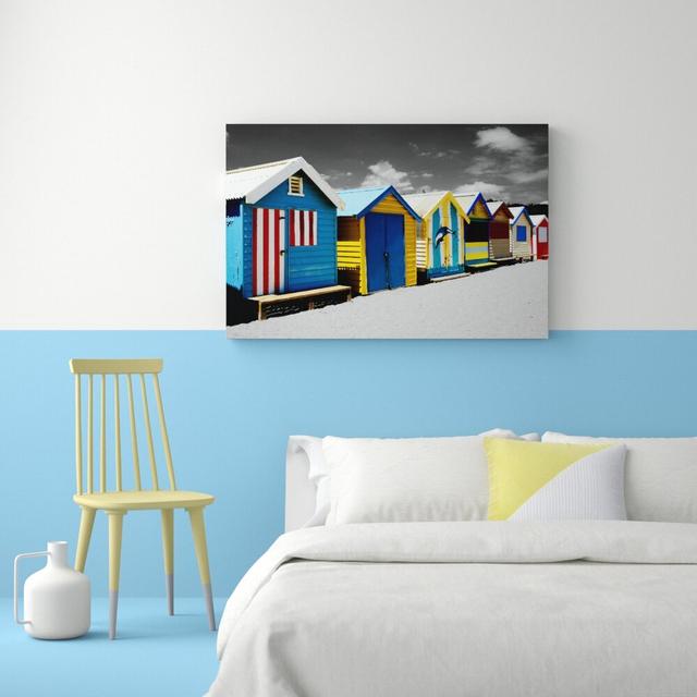 Colourful Beach Huts On Black And White - Wrapped Canvas Print East Urban Home Size: 81.3 cm H x 121.9 cm W on Productcaster.