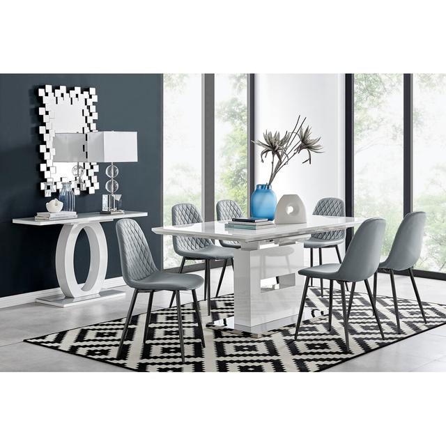 Alezzo Modern High Gloss Extendable Dining Table Set with 6 Luxury Faux Leather Dining Chairs Canora Grey Colour (Chair): Grey/Black on Productcaster.