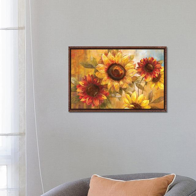 Sunflower Cheer by Nan - Painting Print on Canvas Brambly Cottage Size: 45.72cm H x 66.04cm W x 3.81cm D, Format: Classic Brown Wood Framed Canvas on Productcaster.