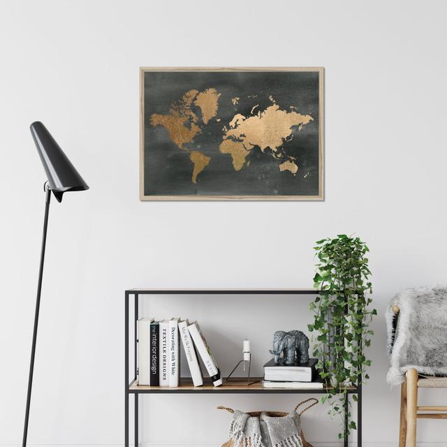 Gold World Map on Black Wash by Jennifer Goldberger - Wrapped Canvas Painting Print Etta Avenue Format: Natural Wood Framed Paper Print, Size: 34cm H on Productcaster.