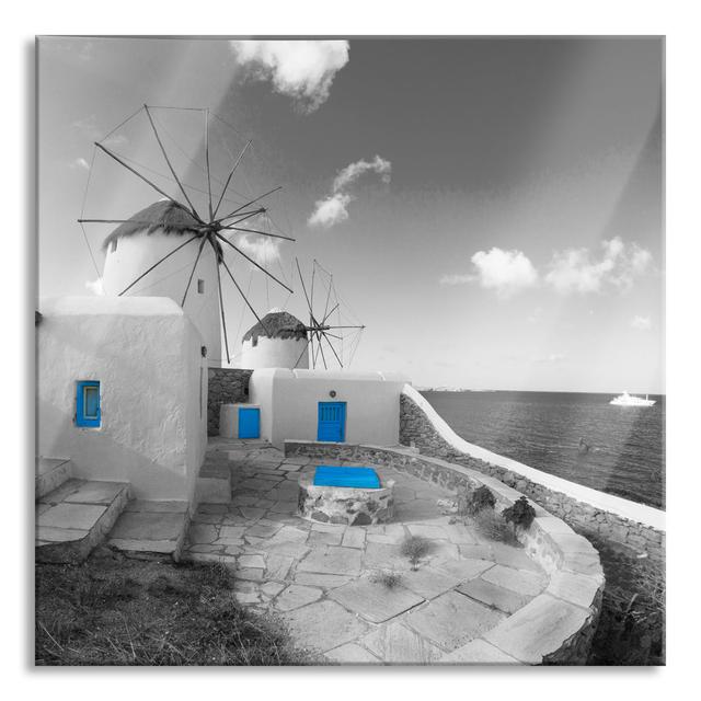 Windmills in the Mediterranean - Unframed Photograph on Glass Highland Dunes Size: 70cm H x 70cm W x 0.4cm D on Productcaster.