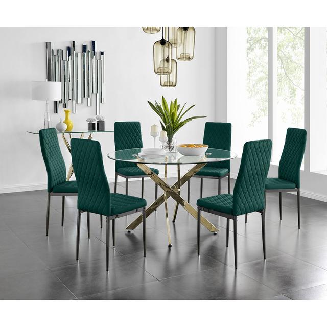 Tierra Modern Glass and Chrome Metal 6 Seat Dining Table Set - Luxury Velvet Dining Chairs Furniture Box Table Base Colour: Gold, Chair Colour: Green/ on Productcaster.