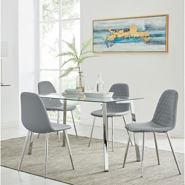 Corova Cosmic Luxury Glass and Chrome Dining Table Set with 4 Luxury Faux Leather Dining Chairs Canora Grey Colour (Chair): Grey/Silver on Productcaster.