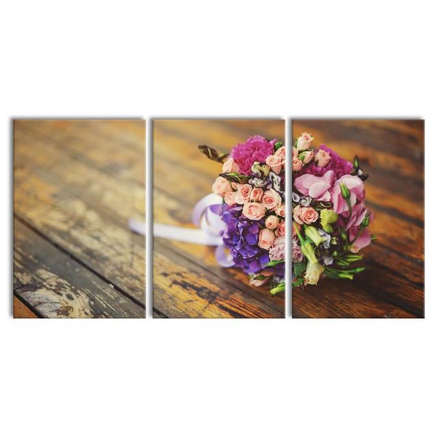 Bouquet on Old Wooden Table 3-Piece Photograph Set on Canvas East Urban Home Size: 120cm H x 240cm W on Productcaster.