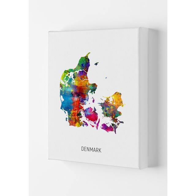 Denmark Watercolour Map by Michael Tompsett - Graphic Art Latitude Run Size: 29.7cm H x 21cm W x 4cm D, Format: Wrapped Canvas on Productcaster.