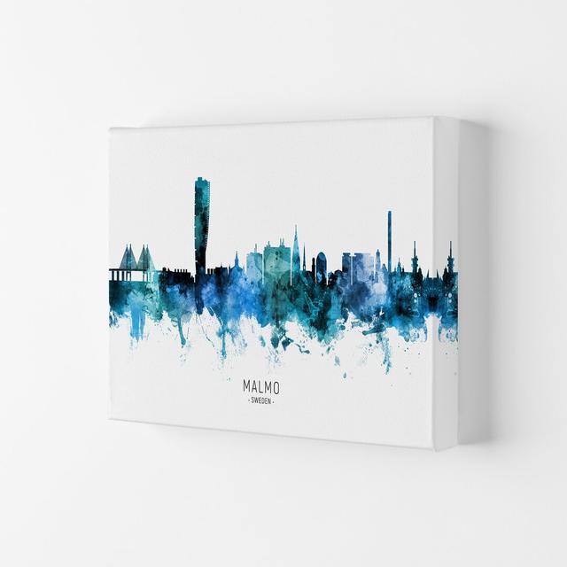 Malmo Sweden Skyline Blue City Name by Michael Tompsett - Graphic Art Ebern Designs Size: 29.7cm H x 42cm W x 4cm D, Format: Wrapped Canvas on Productcaster.