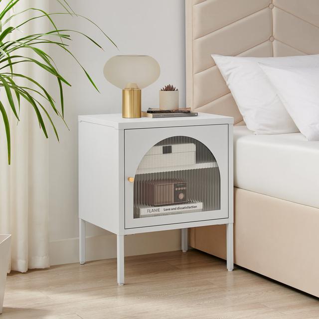 Natela Metal & Glass Single Door Bedside Table - Modern Deco Style 17 Stories Colour: White on Productcaster.