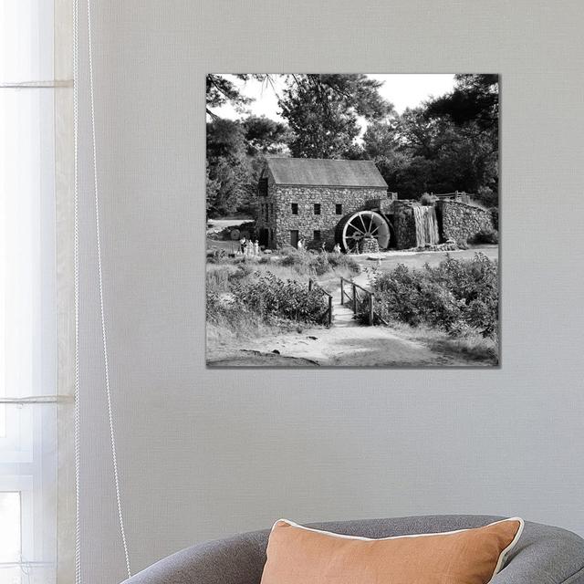 1960s People Tourists Visiting Rustic Grist Mill With Stone Structure Waterfall And Waterwheel Sudbury Massachusetts USA - Wrapped Canvas Print Classi on Productcaster.