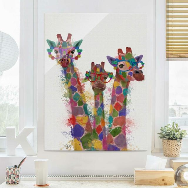 Rainbow Splash Giraffe Trio - Graphic Art Print on Glass East Urban Home Size: 80cm H x 60cm W x 0.4cm D on Productcaster.