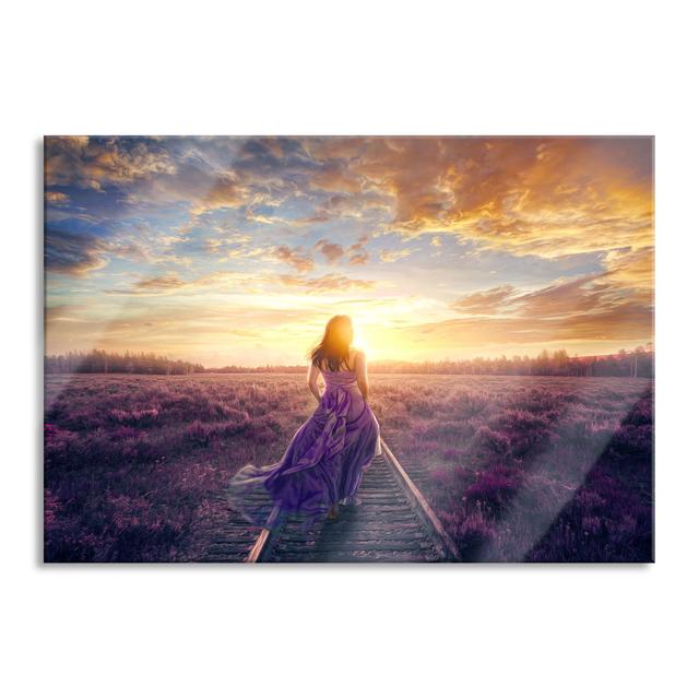 Woman on Rails at Sunset - Unframed Photograph on Glass Brayden Studio Size: 70cm H x 100cm W x 0.4cm D on Productcaster.