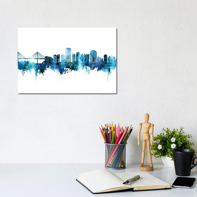 Long Beach California Skyline Blue Teal by Michael Tompsett - Wrapped Canvas Art Prints Metro Lane Size: 20.32cm H x 30.48cm W x 1.91cm D on Productcaster.