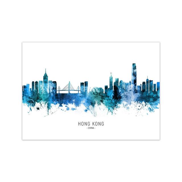 Hong Kong China Skyline Blue City Name by Michael Tompsett - Graphic Art Ebern Designs Format: Unframed, Size: 60cm H x 84cm W x 1cm D on Productcaster.