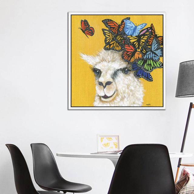 Llama And Butterflies by Tava Studios - Gallery-Wrapped Canvas Giclée on Canvas August Grove Size: 93.98cm H x 93.98cm W x 3.81cm D, Format: White Fra on Productcaster.