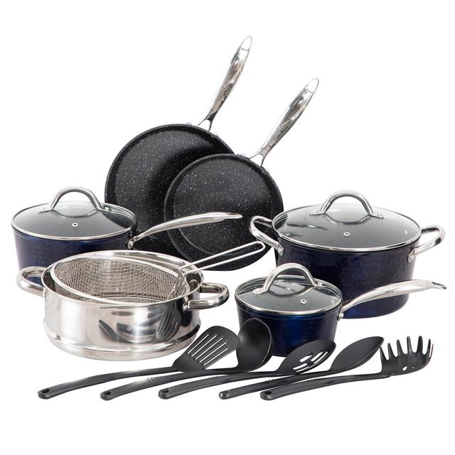 15 Pieces Non-Stick Cookware Set, Nonstick Induction Granite-Coated Pot Pan Set, Includes Lids, Frying And Pans Accessories - Aluminium Hammered Blue on Productcaster.