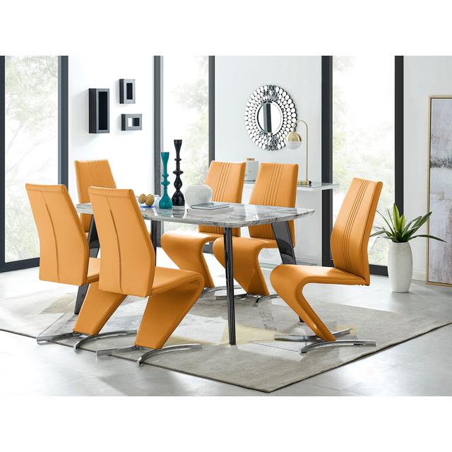 Anders Modern High Gloss Marble Effect Dining Table Set with 6 Modern Faux Leather Dining Chairs Canora Grey Colour (Chair): Mustard on Productcaster.