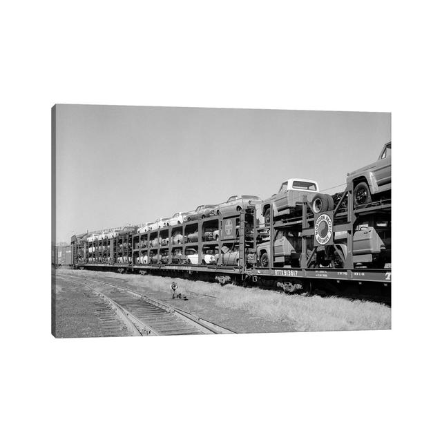 1960s Railroad Freight Train Carrying Automobiles and Pickup Trucks - Wrapped Canvas Photograph Latitude Run Size: 20.32cm H x 30.48cm W x 1.91cm D on Productcaster.