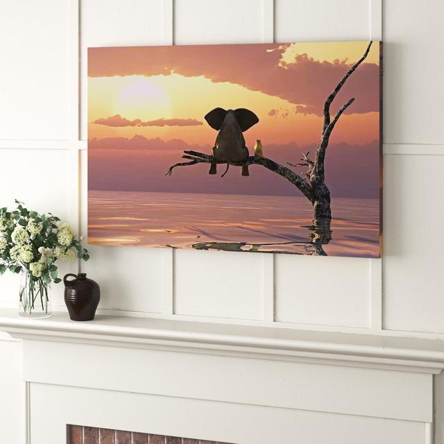 Elephant and Dog Sit on a Tree During a Flood by Mike Kiev - Graphic Art on Canvas Wade Logan Format: Wrapped Canvas, Size: 45.72cm H x 66.04cm W x 1. on Productcaster.