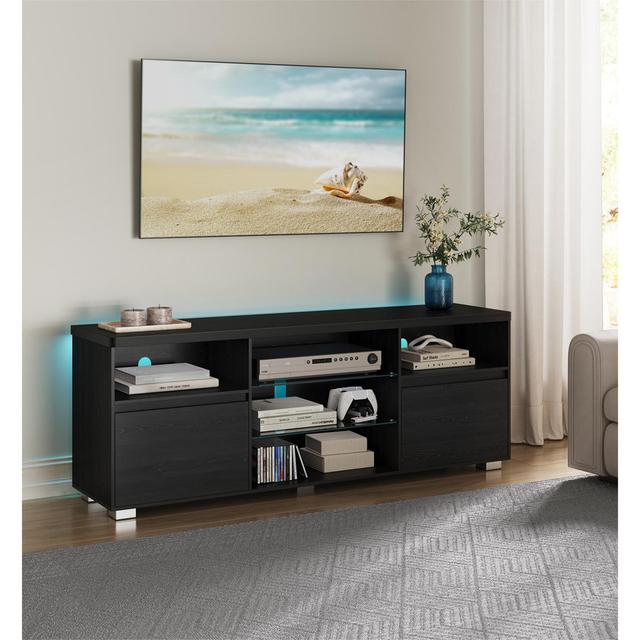 TV Stand Cabinet With LED Lights, Modern TV Unit For Tvs Up To 70 Inch, With Open Glass Shelves, 2 Cabinets With Doors, 160 Cm TV Entertainment Unit F on Productcaster.