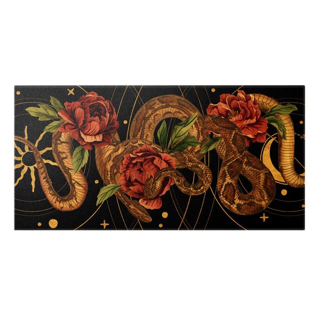 Snakes with Roses in Front of Black and Gold I - Wrapped Canvas Graphic Art Rosalind Wheeler Size: 60cm H x 120cm W on Productcaster.