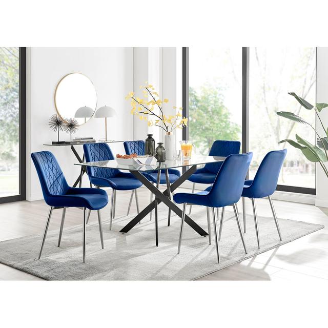 Lenworth Glass Rectangular Dining Table Set with 6 Luxury Velvet Chairs Furniture Box Colour (Table Base): Black, Colour (Chair): Navy/Silver on Productcaster.