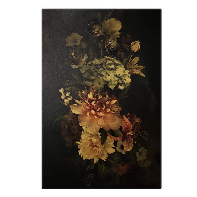 Gold Flowers with Fog on Black Wall Art on Canvas Ebern Designs Size: 90cm H x 60cm W on Productcaster.