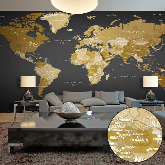 Fototapete World Map Modern Geography 2,8 m x 500 cm East Urban Home Farbe: Dunkelgrau/Senfgelb on Productcaster.