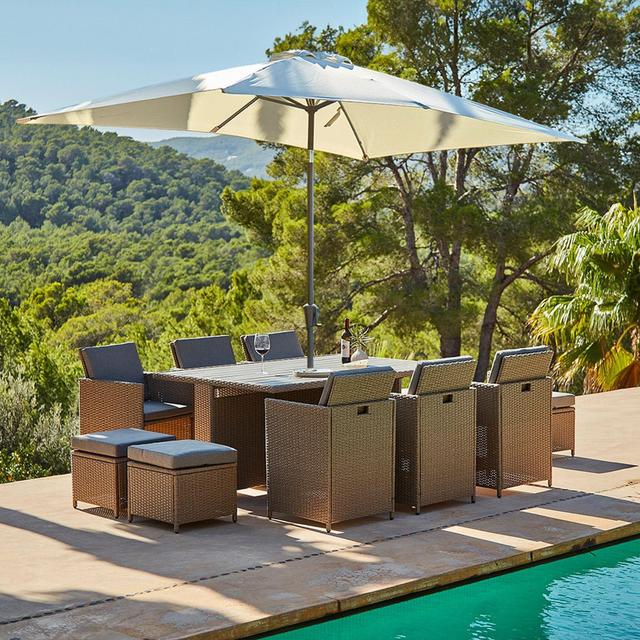 10 Seater Rattan Cube Outdoor Dining Set with Parasol- Natural Weave Polywood Top 17 Stories Frame Colour: Brown, Cushion Colour: Dark Grey on Productcaster.