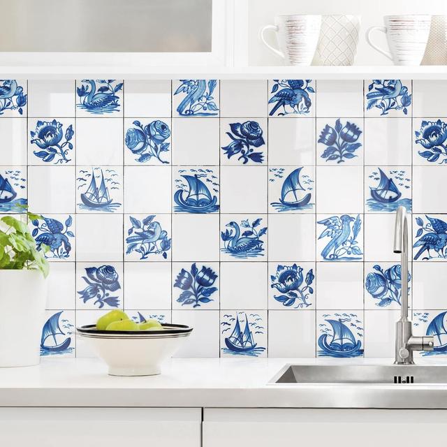 Bowerston Flowers Ships and Birds 70 x 300cm PVC Tile in Blue Rosalind Wheeler on Productcaster.