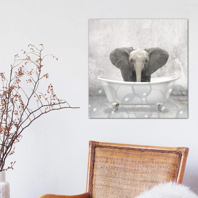 Baby Elephant Bath by Kimberly Allen - Wrapped Canvas Graphic Art Print Happy Larry Size: 45.72cm H x 45.72cm W x 3.81cm D on Productcaster.